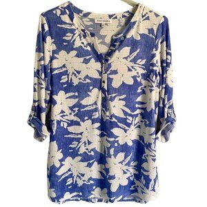 Emily Daniels White Blue Floral Print 3/4 Sleeves Top Women's Medium